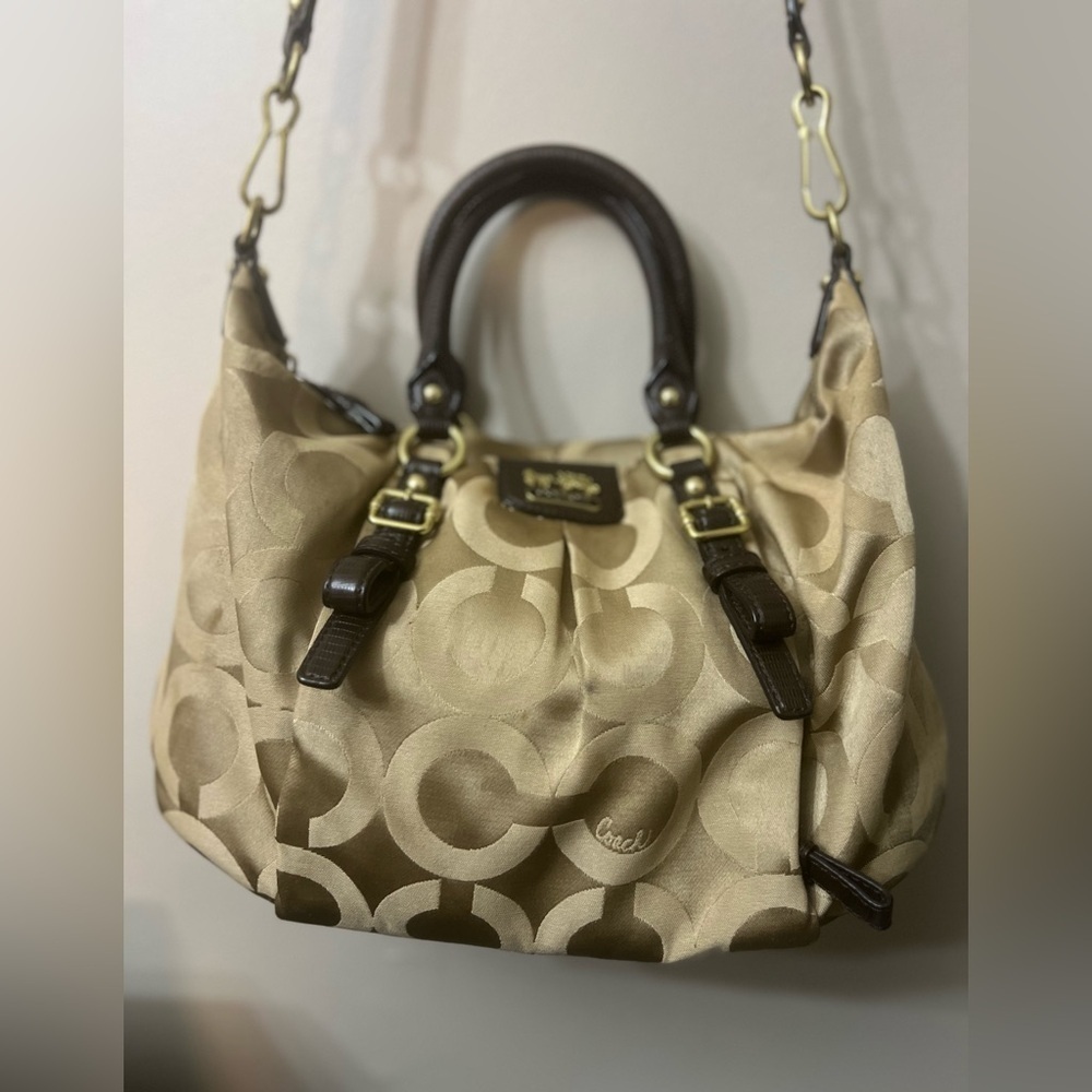 COACH Madison Audry  Signature C Logo Khaki Sateen & Leather Shoulder Bag#21124
